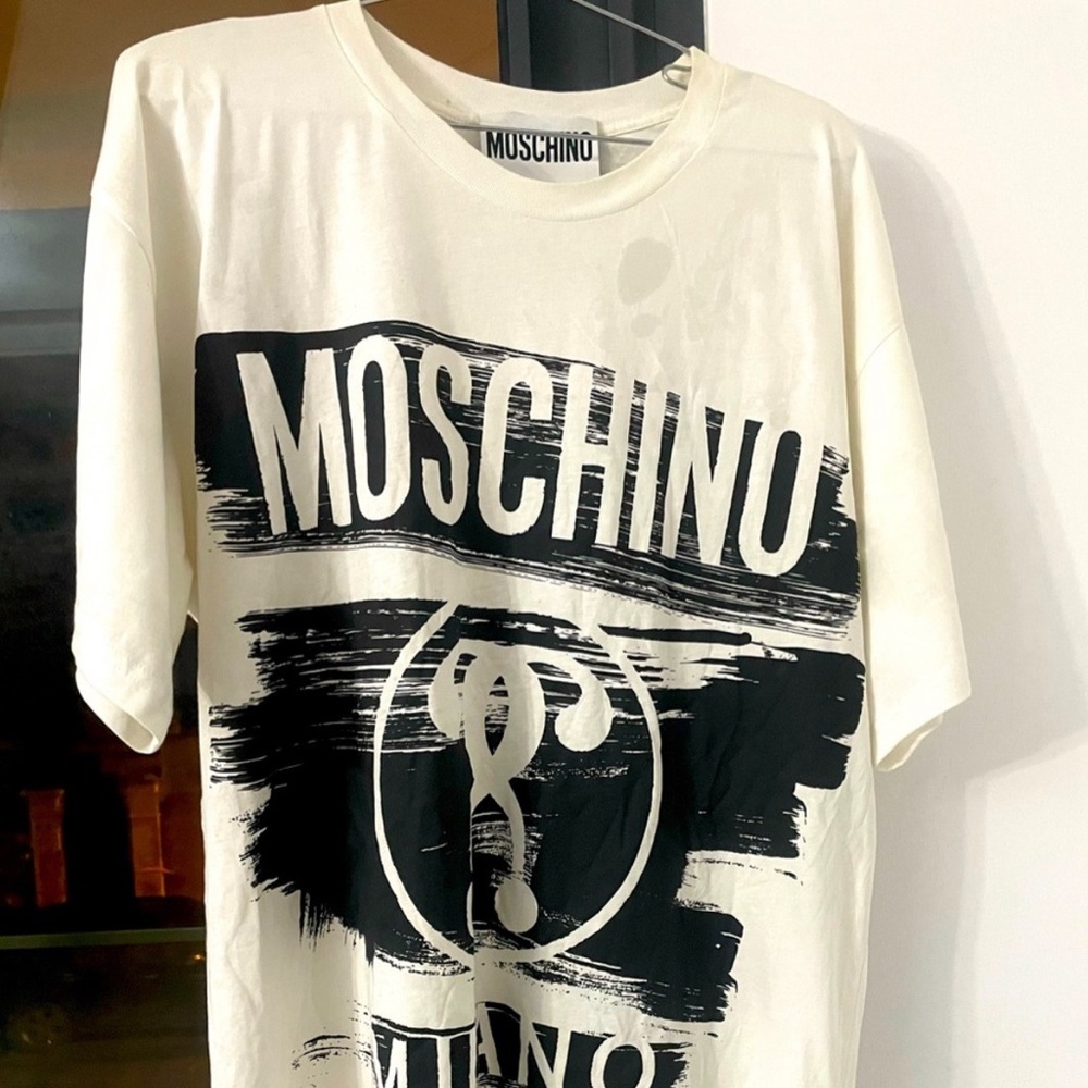 Moschino Cream and Black Logo Brushstroke Tee